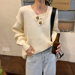 Hnewly V-neck Knit Pullover Women Slouchy Long Sleeve Drop Shoulder Sweater with Buttoned Strap Cozy Knitwear Autumn Winter Chic Outfit