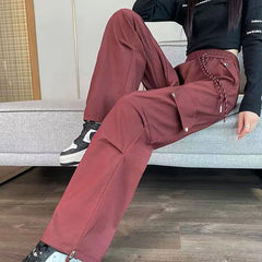 Hnewly Summer High Waist Solid Cargo Pants Women Y2K Drawstring Pocket Straight Pants Woman Fashion Simple Wide-Leg Trousers Mujer