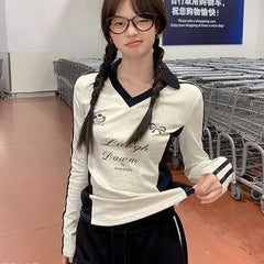 Hnewly Vintage Y2k Long Sleeve T-Shirts Coquette Women Letter Print Tees American Retro Fashion Aesthetics Streetwear T-Shirts