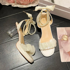 Hnewly Black Platform Sandals Female Shoe Summer Lace Denim Women's High Heels Med Espadrilles Girls Laces Fashion Gladiator Beige