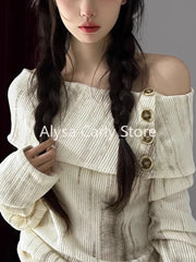 Hnewly French Winter Slim Knitted Pullover Women Slash Neck Long Sleeve Button Thin Sweater Fashion Design Casual Y2k Office Lady Tops