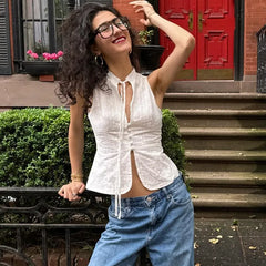 Hnewly y2k Tank Top Women Summer Clothes White Flower Embroidery Mock Neck Front Cutout Sleeveless T Shirt Vest Streetwear