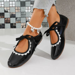 Lunivop Women Spring Plus Size Lace Slip Strap Soft Sole Non-Slip Flats Round Toe Shallow Mouth Low Top Shoes Lace decorative edge