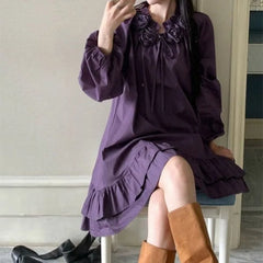 Hnewly Purple Woman Dresses Solid Flowers Korean Fashion Elegant Vestidos Mujer Spring Autumn Retro Simple Mini Dress