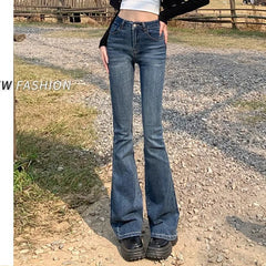 Hnewly Women Vintage High Street Bell Bottom Jeans Lady Sexy Slim Fit Denim Flare Pants Deep Blue Light Blue Black Blue Gray Trousers