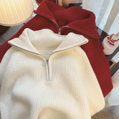 Hnewly Half Zip Collar Sweater Women Pullovers Soft Knitted Long Sleeve Short Jumper Fall Winter Teen-girl Korean Fashion Outfit