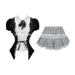 Hnewly American Vintage Suits Short Sleeve 2 Piece Set Women Retro Black Y2k Crop Top Blouse + High Waist Plaid Mini Skirt Kawaii Chic