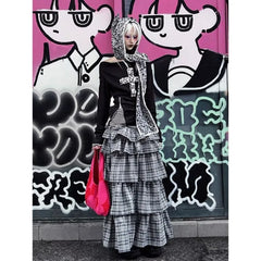 Hnewly Gothic Y2k T-shirts Women Japanese Harajuku Striped Long Sleeve Tops Grunge Vintage Punk Streetwear Fake Two Pieces