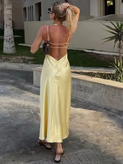 Hnewly Women Summer Yellow Stain V Neck Sling Dress Elegant Sleeveless Loose Maxi Robes 2025 New Ladies Party Holiday Dresses