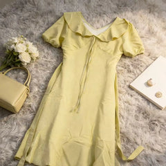 Hnewly Summer Gentle Lace Trim V-Neck Bubble Sleeve Dress plus Size Elegant Waist-Cinching Texture Long Dress Korean Style High Wais...
