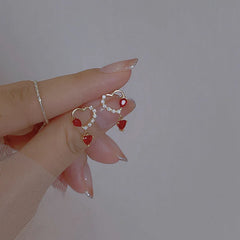 Hnewly New Fashion Sweet Heart Red Drop Earrings for Women Korean Crystal Long Chain Tassel Earrings Party Wedding Jewelry Brincos