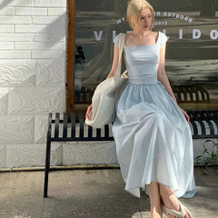 Hnewly Elegant Stitching Dress Female Korean Chic Square Collar Short Sleeve Beach Party Dress Ladies High Waist All-Match A Line Dress