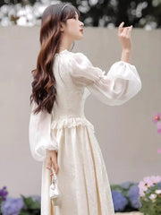 Hnewly French Slim Fairy Dress Lace-Up Patchwork A-Line Midi Dresses Korean Female Vintage Evening Party One Piece Vestido Mujer New