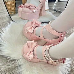 Hnewly Lolita Shoes Women High Heels Shoes Woman Chunky Sandals Summer Mary Janes PU Leather Shoes Retro Bow Party Platform Pumps