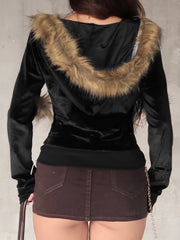 Hnewly trashy outfits Black Velvet Faux Collar Hooded Sweats Women’s Long Sleeve Causal Simple Hoodies Autumn High Fashion Clothes