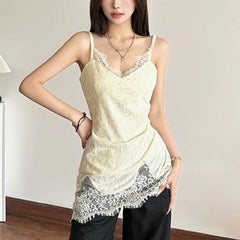 Hnewly Lace Patchwork V-Neck Camis Women Y2K Summer Sexy Spaghetti Straps Sleeveless Tank Korean Fashion Irregular Female Vest