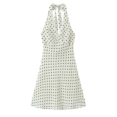Lunivop Sexy Beige Polka Dot Spliced Lace Bow Halter V Collar Backless Mini Dress Women Elastic Zipper Back A-line Short Robe Holiday
