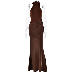 Hnewly Satin Sexy Hollow Out Women Maxi Dress Black Sleeveless High Waist Dress Female Autumn Skinny Elegant Party Clubwear