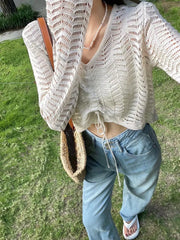 Hnewly Drawstring Pointelle Knitted Top Pullovers Women Sweater Cover Up Top Hollow Out Crop Jumper Knitwear Autumn Winter Y2K Outfit