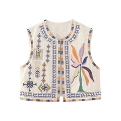Hnewly Waistcoat Vest y2k Clothes Women Boho Embroidery Round Neck Sleeveless Open Front Jacket Tops 2000s Clothing Streetwear
