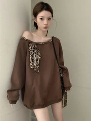 Hnewly Off Shoulder Y2K Sweatshirts Women Leopard Lace Up Loose Pullovers Streetwear American Long Sleeve Casual Female Retro Tops