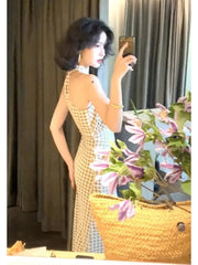 Hnewly DRESS TO IMPRESS Korean Elegant Long Plaid Dress Women Sexy Sleeveless Party Fairy Dress Female 2024 Summer V-neck Fashion Vintage Casual Dresses
