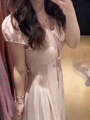 Hnewly Summer Vacation Style Pink Long V-Neck Waist-Cinched Short Sleeve Women's Dress Retro Loose Slimming A-Line Skirt