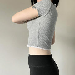 Hnewly Y2k Vintage Crop Top Lace Patchwork Square Collar Short Sleeve Skinny T-shirt Women Casual Summer Tees 2000s Basic Shirt
