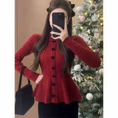 Hnewly New Year Ruffles Women's Basic Pullovers Knitwear Long Sleeve Casual Loose Japanese Cute Sweet Girls Bow Red Knitted Sweaters