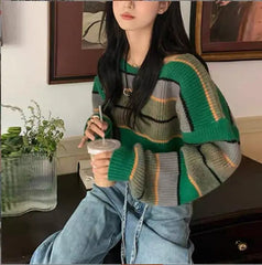 Hnewly Women Fashion Cropped Sweater Sexy Tops Women Black White Striped Loose Pullover Knitted Sweater Fashion Jumper