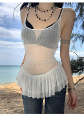 Hnewly Spicy Girl White Ruffle Edge Strap Vest Women's Summer Sexy Slimming and slimming