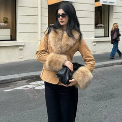 Hnewly Retro-Style Suede Suit Fur Collar Jacket Women's Detachable Fur Collar Button Pocket Loose Patchwork Coat Autumn Winter