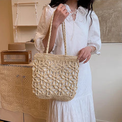 Hnewly Grass Woven Shoulder Bag Hollowed Out Flowers Handbag Hand-held Beach Vacation Bags For Women