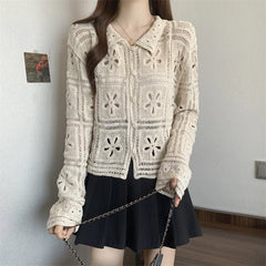 Hnewly Women's Crochet Cardigan Embroidered Daisy Collared Button Down Open-Knit Top Cardi Jacket Boho Chic Vacation Outfit