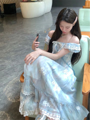 Hnewly Kawaii Japanese dress lolita y2k Sweet Blue Floral Dress Women Casual Evening Party One Piece Dress Korean Fashion Summer