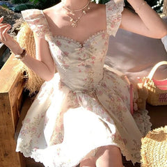 Lunivop French Style Floral Print Mini Summer Dress Women Flying Sleeves V Neck Lace Spliced A-line Dresses Party Robe Vestidos