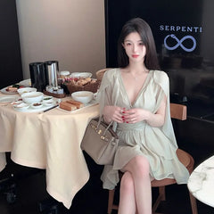 Hnewly Woman Dress Rhinestone V Neck Ruffles Summer Fashion Sweet Solid Elegant Temperament Mini Dresses Female Casual Chic