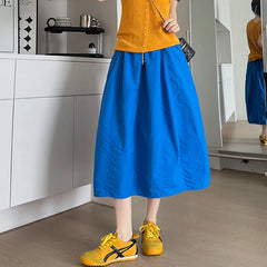 Hnewly Japanese Quick Drying Cargo Skirt Women Summer Elastic Waist Pocket Umbrella Skirt Woman Solid Color Lace Up Midi Skirts Female