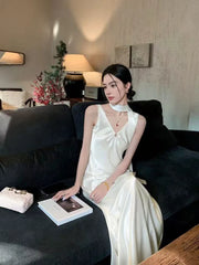 Hnewly Elegant Satin V Neck Dress Women Y2K Korean Chic Ribbon Slim Midi Dress Summer Sexy Hollow Out Folds Sleeveless Vestidos Mujer