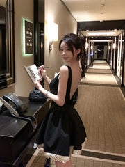 Hnewly Woman Sexy Backless Slim Y2k Mini Dress Sleeveless Fashion Birthday Party Dress Black Vintage One Piece Dress Korean Style