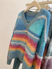 Hnewly Rainbow Striped V-neck Sweater Women Spring Autumn New Loose Long Sleeved Knitted Top Korean Version Soft Versatile Pullover