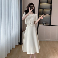 Hnewly French Vintage Solid Womens Midi Dress Short Sleeve O-neck Elegant Slim Summer Fashion Office Ladies Two Piece Set Clothing