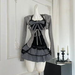 Hnewly new trend inspo Japanese Kawaii Lolita Sweet 3 Piece Set Women Bow Y2k Slim Vest +Casual Cardigan + High Waist Thin Striped Chic Skirt Autumn