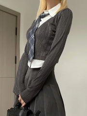 Hnewly BACK TO SCHOOL OUTFIT Preppy Style Lapel Patchwork T-Shirt and Tie Japanese JK Casual Crop Tops Women Long Sleeve Knitted Tee Shirts Korean