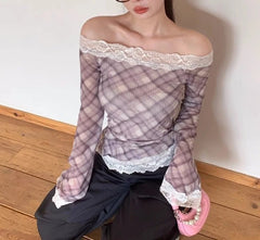 Hnewly Spicy Girl Style Pattern One Shoulder Long Sleeve T-shirt Women's Spring Lace Lace Lace Versatile Irregular Top