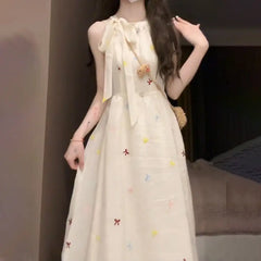 Hnewly New Chinese-style Sweet and Slimming New Style in Summer New Style Waist-hugging French Bow Dress the dress black dress white dress
