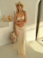 Hnewly Starfish Decoration 2 Piece Set Women Lace-Up Backless Strapless Tops+Ruche Long Skirts Vacation Beach Party Outfits