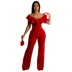 Hnewly Sexy Women Solid Color V Neck Flounce Girdling One-piece Long Sleeve Elegant Wide-Leg Jumpsuits Party Overalls