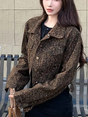 Hnewly Y2K Cropped Leopard Denim Jacket Women Vintage Streetwear Long Sleeve Slim Short Coat American Harajuku Female Hip Hop Tops