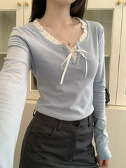 Hnewly O-neck T-shirts Women Bow Simple Patchwork Design All-match Autumn Students Clothing Young Soft Korean Style Chic Casual Fashion